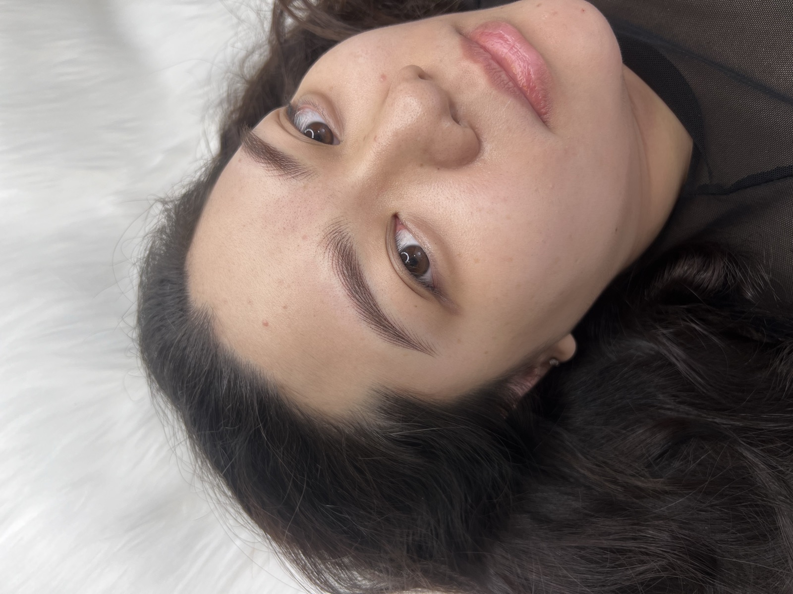 Nano brows result — fine hair strokes, healed shape